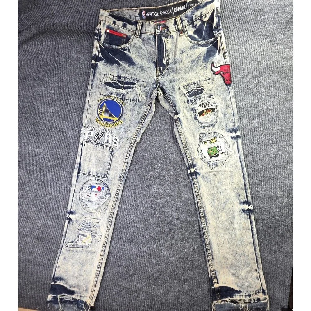 UNK Heritage America Jeans Mens 36 x 34 NBA Basketball Distressed Patches Grunge - Picture 3 of 16